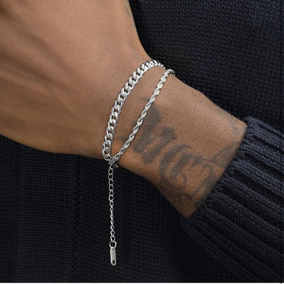Silver Cuban Chain Bracelet Set, Waterproof Stainless Steel, Adjustable - Picture 2 of 9